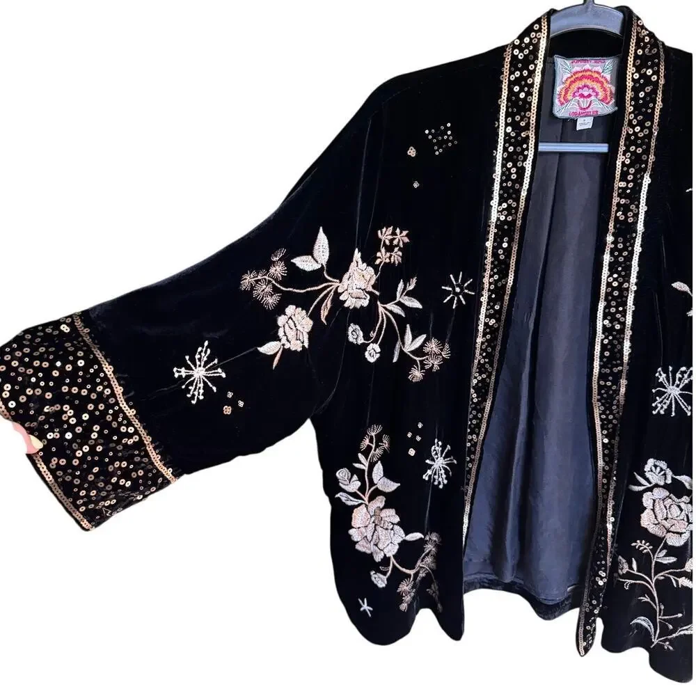 Johnny Was Ally Velvet Embroidered Sequins Kimono Black Gold Size Small